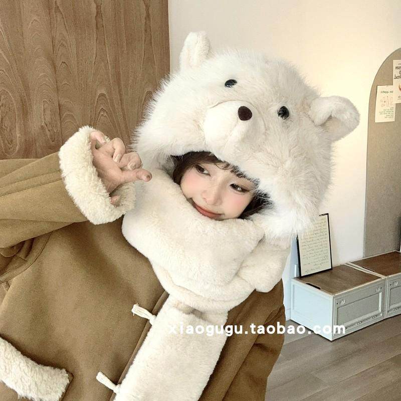 毛茸茸可爱北极熊超厚帽子围巾手套一体女冬季户外保暖防寒套头帽