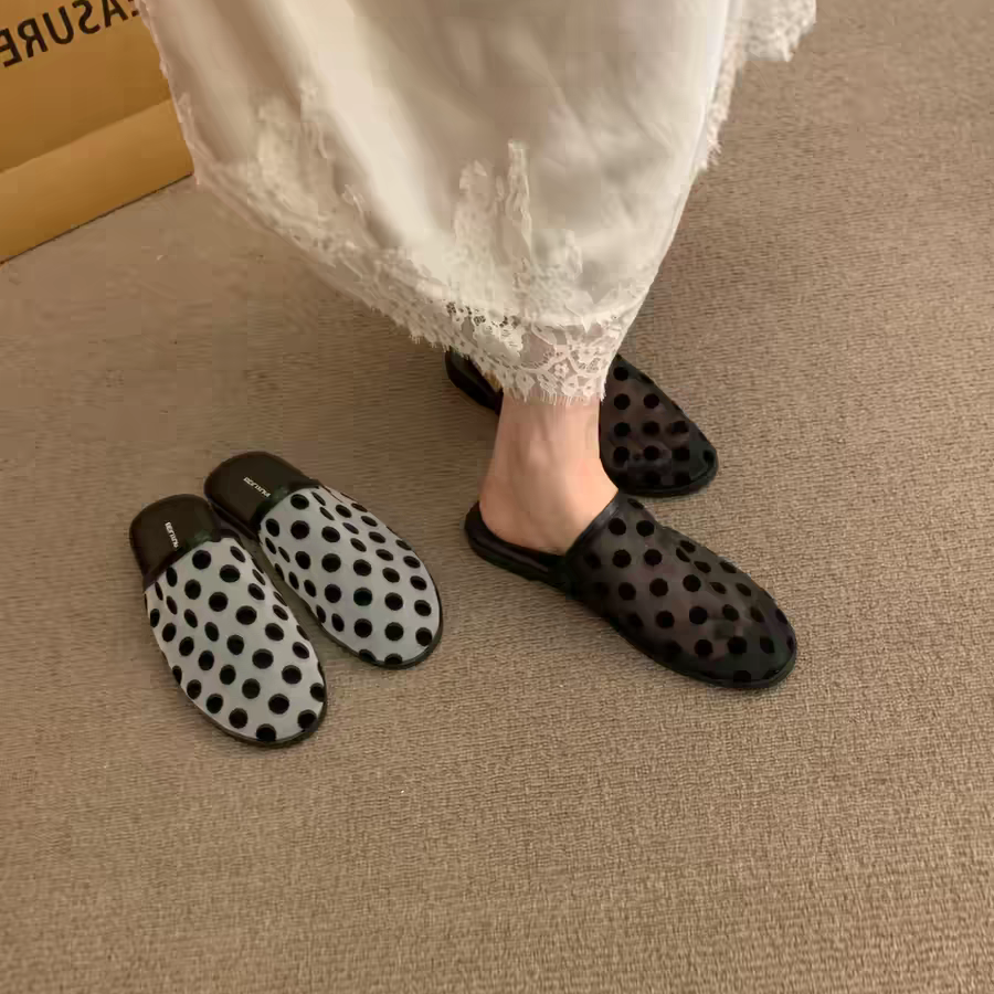 复古波点包头拖鞋女2026夏季镂空网纱透气一脚蹬懒人半拖平底凉拖