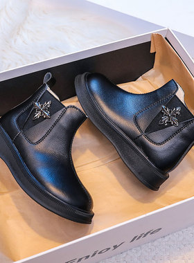 英伦风真皮女童马丁靴加绒棉靴2025冬新年黑色儿童皮靴女孩短靴大