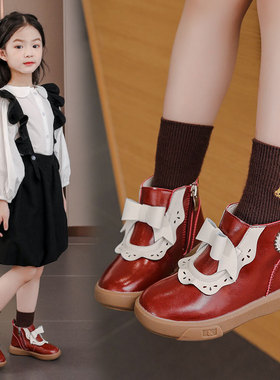 真皮女童短靴蝴蝶结公主鞋 2025冬新款儿童单靴小童宝宝加绒皮靴