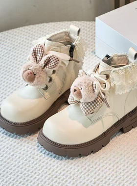 卡通儿童马丁靴加绒保暖棉靴2025冬新款女童短靴皮面短筒蕾丝公主