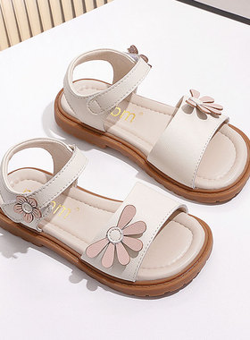 简约花朵真皮女童白色凉鞋2025夏新款露趾儿童凉鞋休闲平底沙滩鞋
