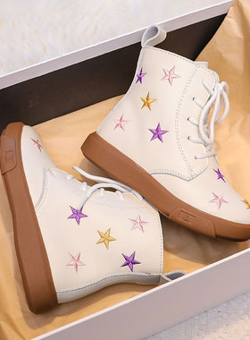 星星刺绣真皮女童马丁靴加绒棉靴2025冬新款儿童短靴短筒韩版皮靴