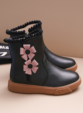 加厚女童花朵公主靴中筒儿童真皮靴2025冬新款加绒女童短靴大棉