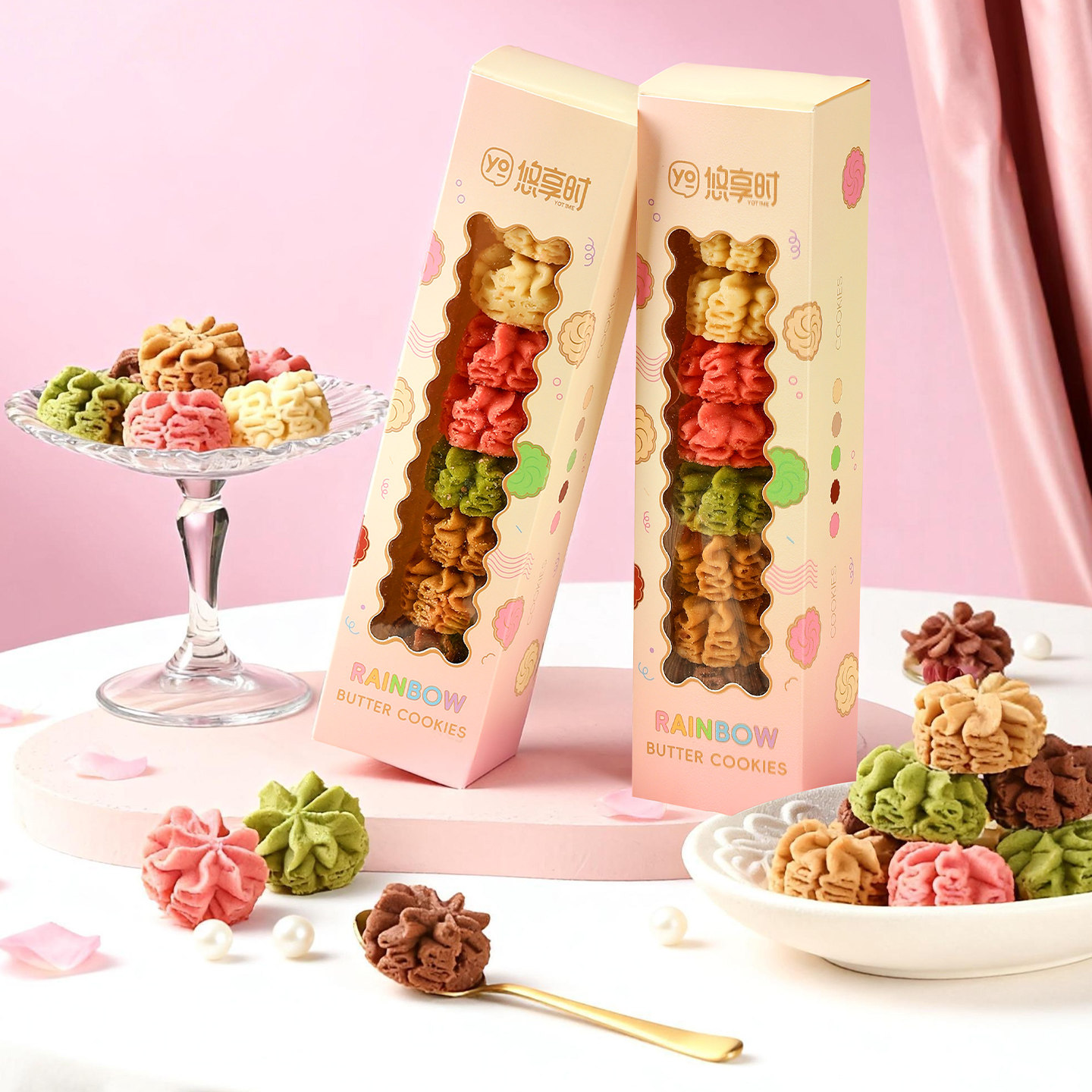 黄油曲奇办公零食悠享时黄油彩虹小花曲奇饼干抹茶办公室下午茶点