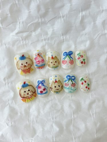 【】全手绘可爱美甲 彩铅画穿戴甲 小众手绘美甲显白涂鸦美甲