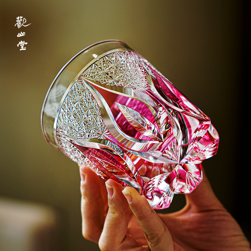 观山堂高颜值个性洋酒杯江户切子手工刻花日式金红火焰威士忌酒杯