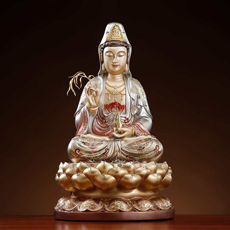 台湾纯铜观音菩萨佛像家用供奉掐丝珐琅镶金南海观世音菩萨铜摆件