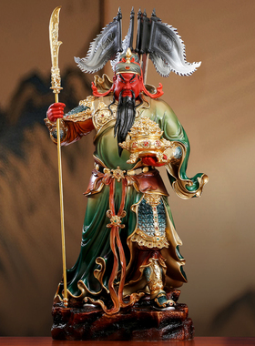 纯铜带旗立刀关公神像家用供奉