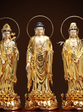 台湾纯铜贴金西方三圣佛像家用