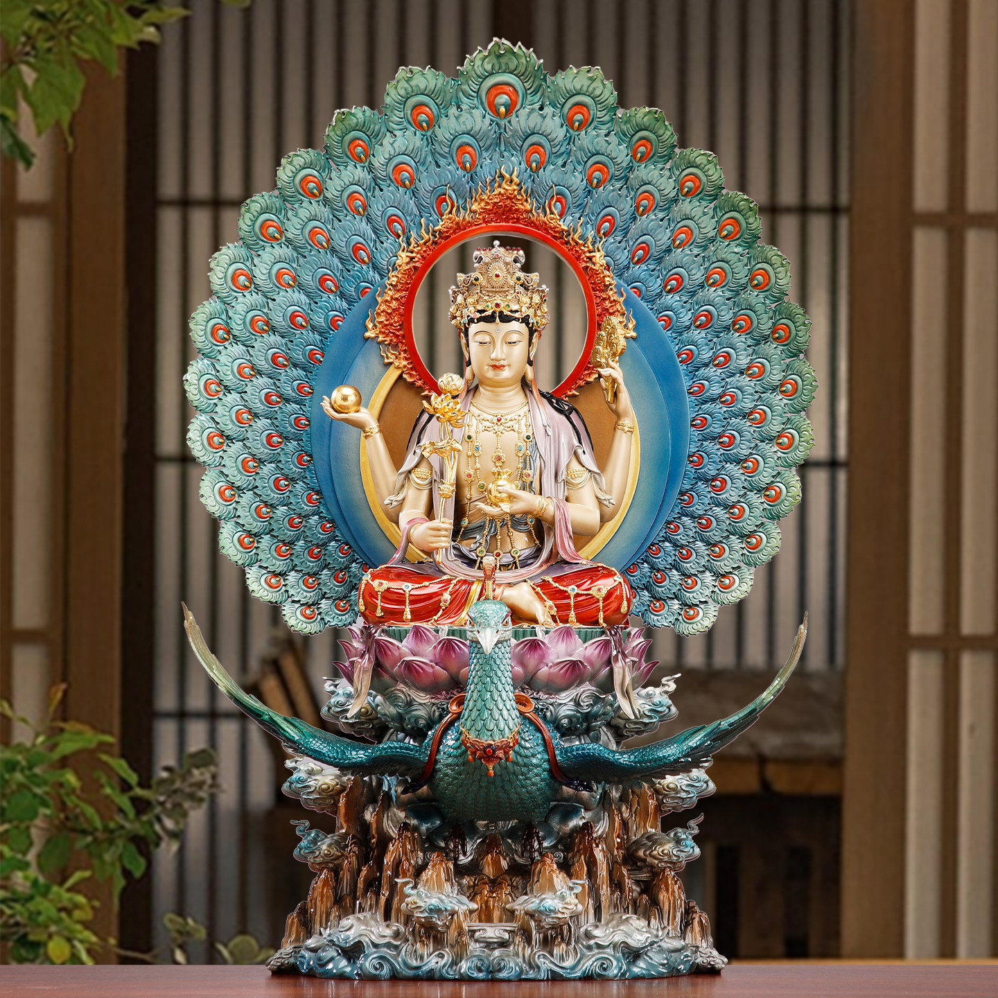 纯铜贴金孔雀明王佛像家用供奉佛母孔雀大明王菩萨铜像佛堂摆件