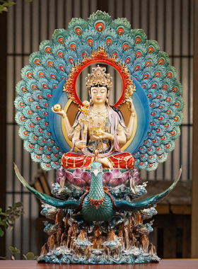 纯铜贴金孔雀明王佛像摆件