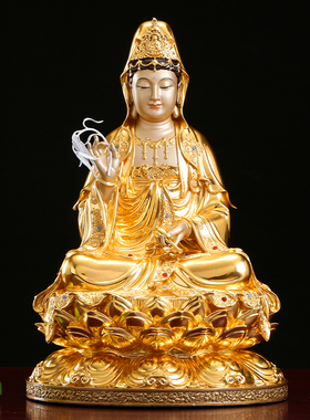 贴金观音佛像纯铜掐丝镶宝家用南海观音菩萨铜像娑婆三圣中式摆件