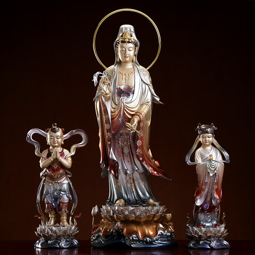 纯铜彩绘观音佛像金童玉女摆件