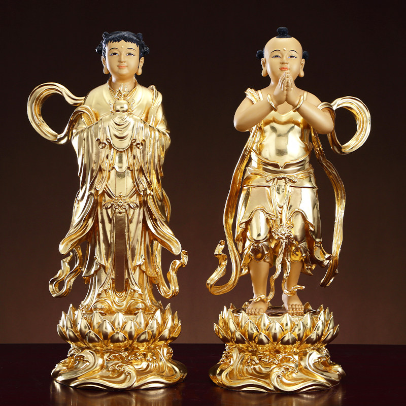 纯铜贴金善财童子龙女摆件供奉家用对童菩萨佛前侍奉金童玉女佛像