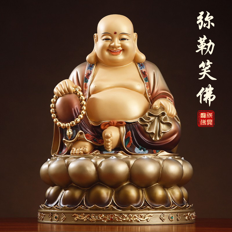 圆通纯铜彩绘弥勒佛像家用供奉招财大肚笑口佛弥勒佛菩萨佛像摆件