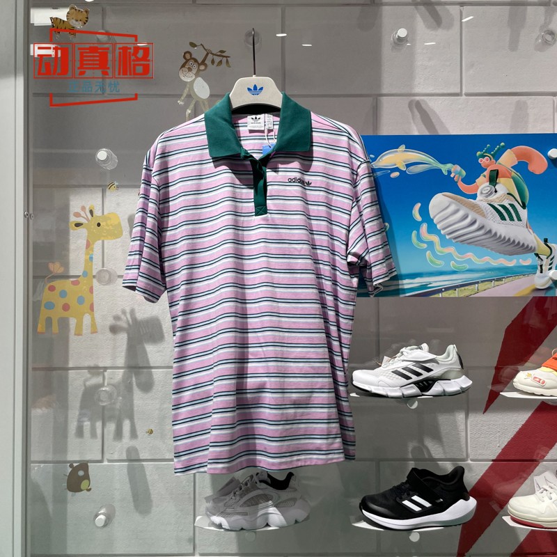 阿迪达斯三叶草女子经典条纹宽松休闲短袖翻领POLO衫 JC6162 6165