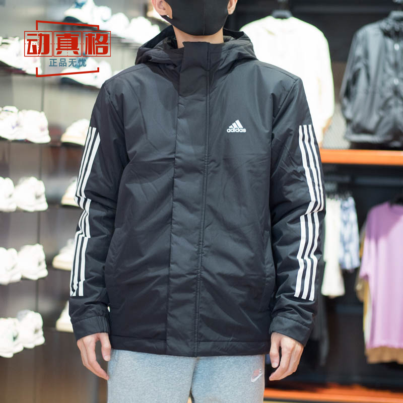 阿迪达斯男装2024冬新款经典条纹保暖连帽棉服外套 IP2535 IP2537