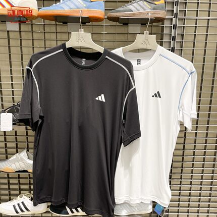 adidas阿迪达斯2026夏季男子跑步运动圆领条纹速干短袖T恤 KZ0017