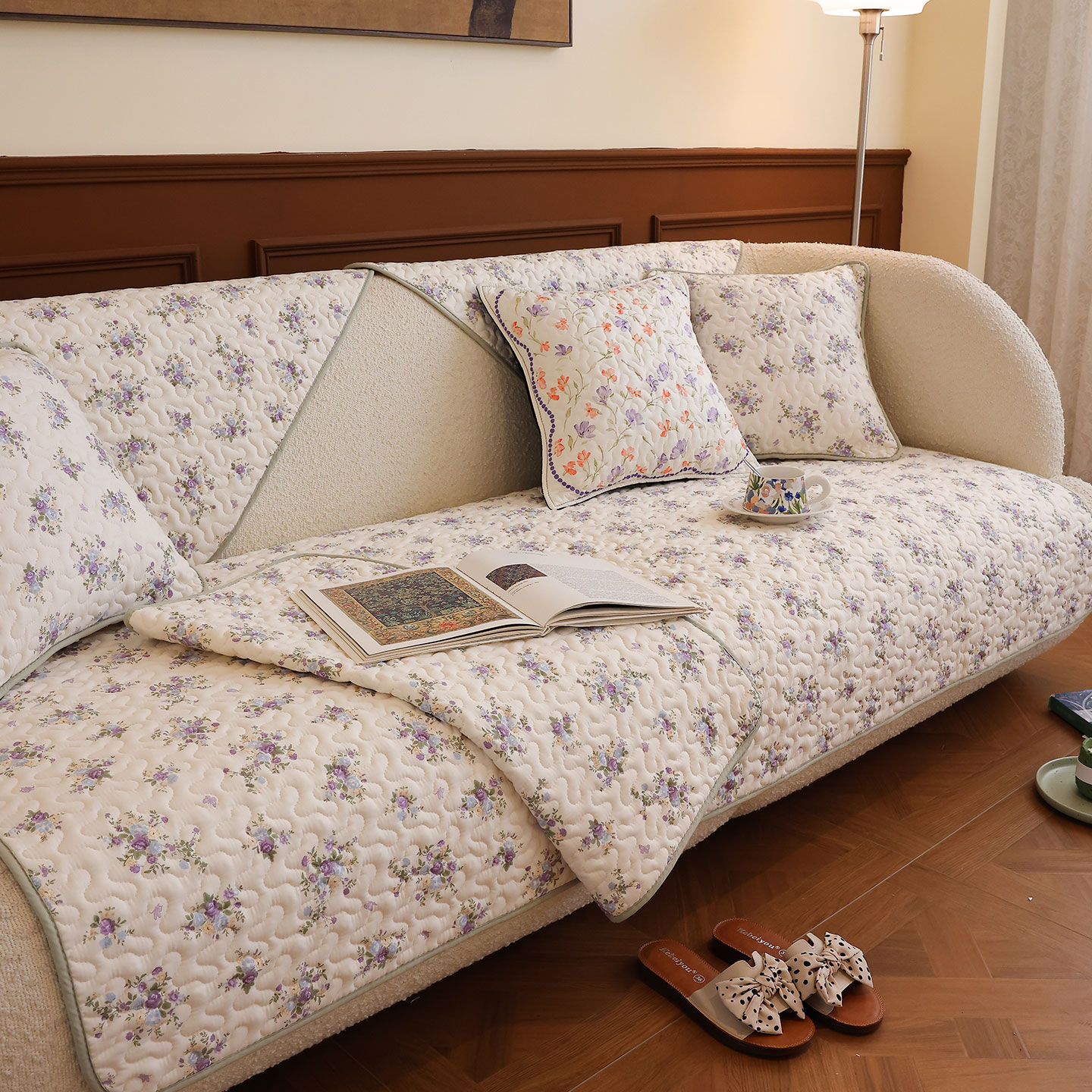 暖屿 新款四季布艺沙发垫全盖可水洗防滑皮沙发套美式田园盖布巾