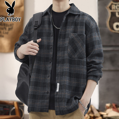 花花公子美式休闲格子外套男款秋冬季宽松加厚衬衫百搭男士上衣服