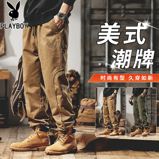美式 宽松束脚加绒加厚哈伦裤 重磅工装 子男士 男潮 裤 花花公子秋冬季