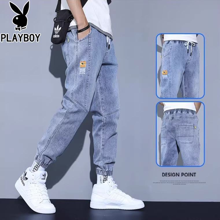花花公子秋冬季新款牛仔裤男潮牌宽松哈伦束脚加绒休闲九分裤子男