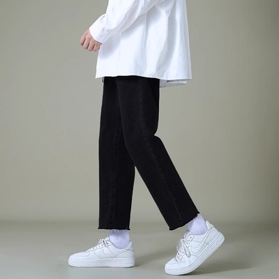 LANGTUAN  黑色牛仔裤男港风宽松直筒毛边加绒九分裤高街秋冬裤子