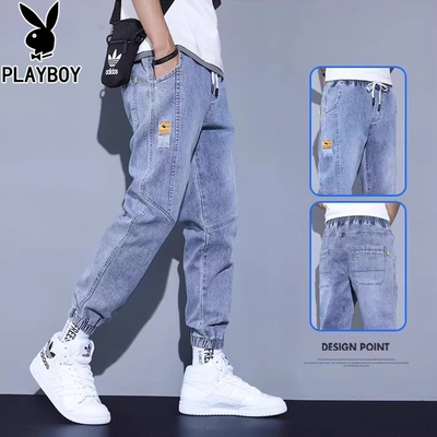 花花公子牛仔裤男士2025秋冬季新款宽松束脚潮流加绒工装长裤子男