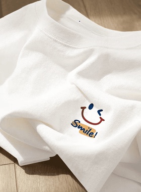 海外订单~外贸出口重磅白色纯棉短袖t恤男女同款夏季笑脸半袖上衣