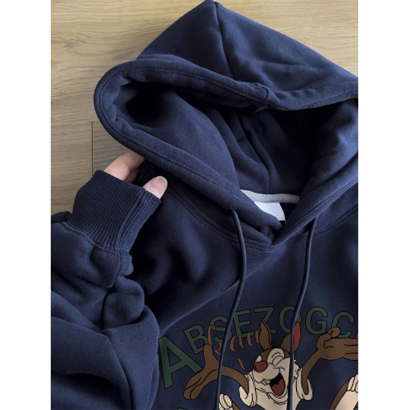 大牌出口专柜外贸尾单~藏蓝色薄款卫衣男女秋冬银狐绒连帽外套ins