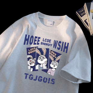 宽松上衣夏 t恤男女韩版 广州十三行 外贸出口重磅印花兔子纯棉短袖