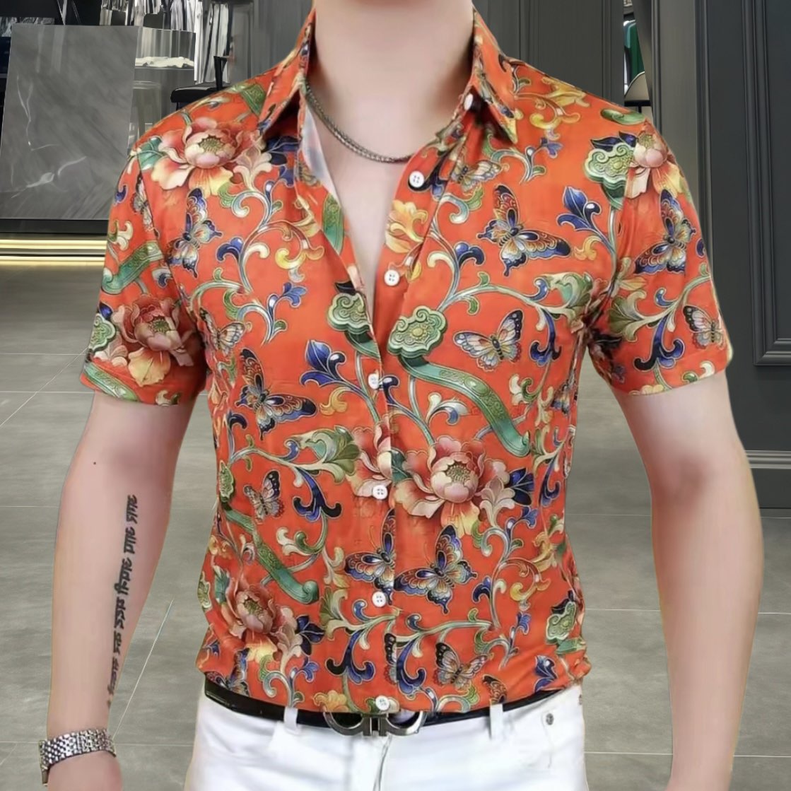 欧洲站夏季男士冰丝短袖衬衫修身