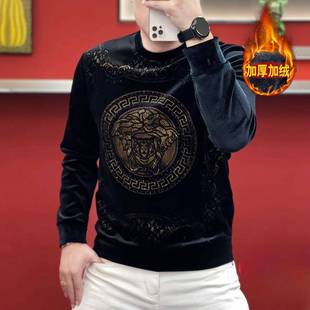 欧洲站冬季男士金丝绒长袖t恤加绒加厚潮牌个性打底衫休闲帅气男T