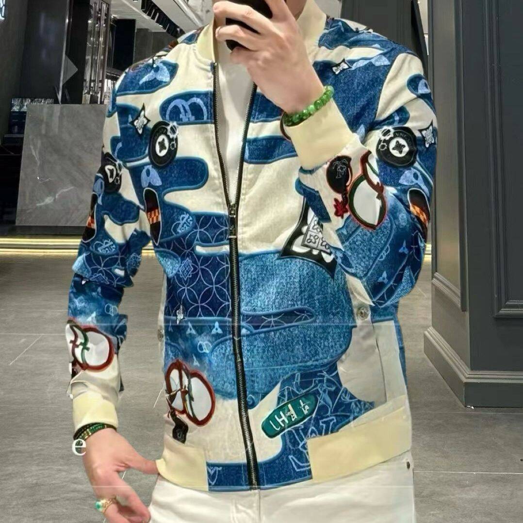 欧洲站秋季男士长袖外套薄款潮流时尚个性棒球领印花夹克休闲上衣