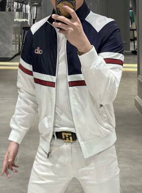 欧货高端春季男士长袖立领外套潮牌时尚字母薄款拼色夹克休闲上衣