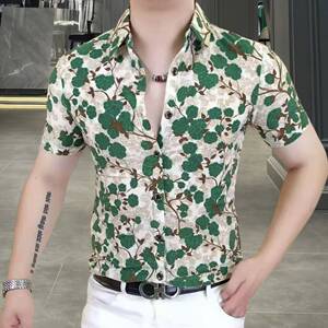 欧洲站夏季男士冰丝短袖衬衫修身