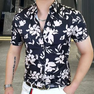个性 衬衫 潮牌时尚 凉上衣 碎花带领衬衣薄款 男士 欧洲站夏季 冰丝短袖