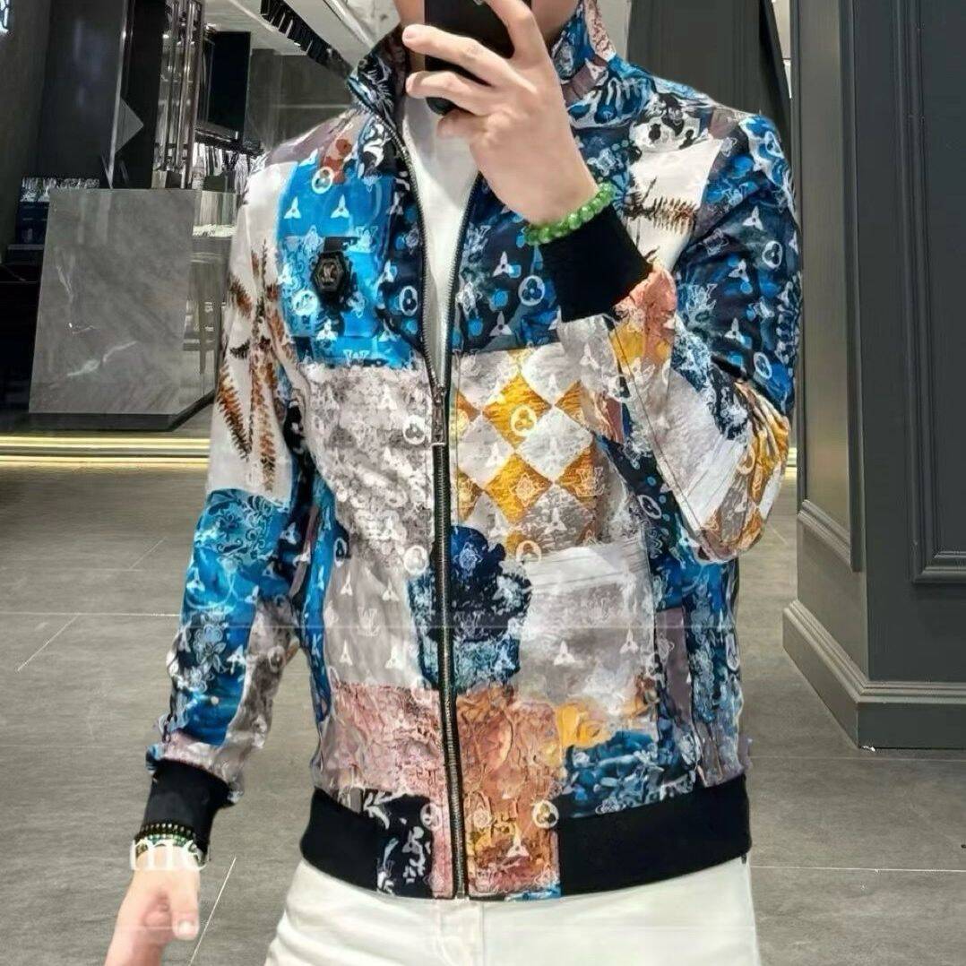 欧洲站春秋季男士长袖外套薄款潮流时尚个性印花痞帅夹克休闲上衣