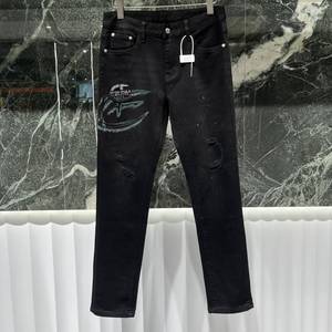 欧洲站春秋季男士破洞牛仔裤小脚修身潮牌黑色时尚弹力休闲长裤子