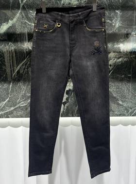 欧洲站秋季男士牛仔裤小脚修身潮流时尚烫钻骷髅黑灰色休闲长裤子