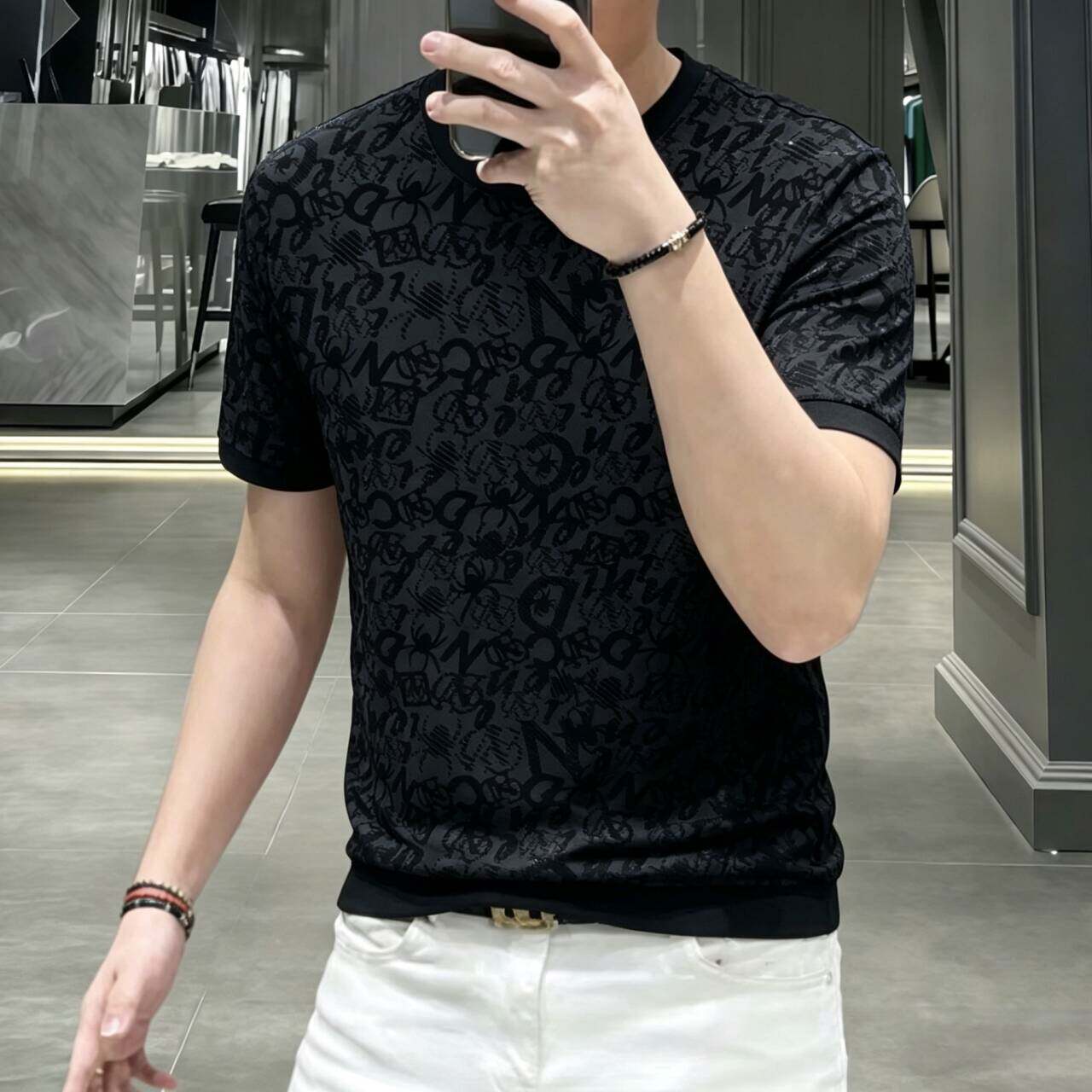 欧洲站夏季男士冰丝烧花短袖t恤