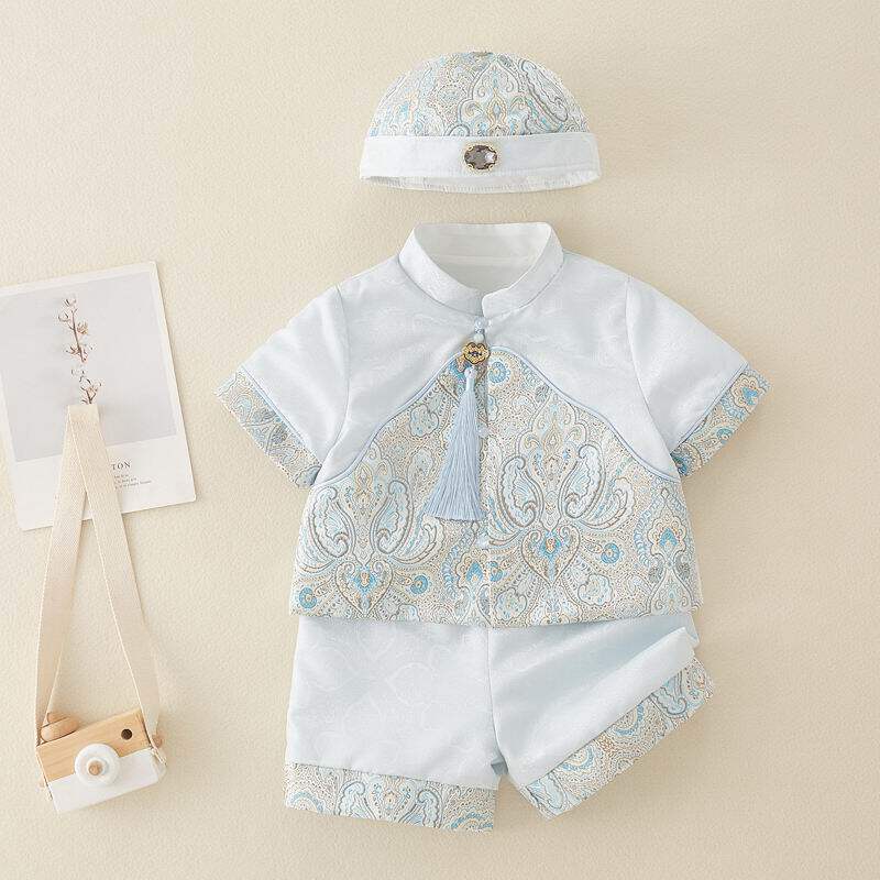 新中式婴儿唐装男童礼服夏装刺绣两件套宝宝喜庆服装周岁抓周唐装