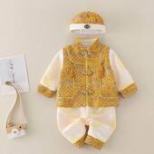 婴儿百天百岁礼服黄色套装 2025秋款 男童中国风男宝宝周岁抓周唐装