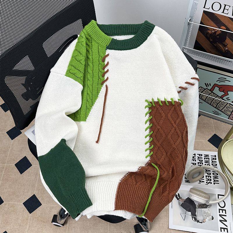 拼色圆领毛衣男秋冬季宽松潮牌保暖针织衫青少年慵懒风休闲打底衫