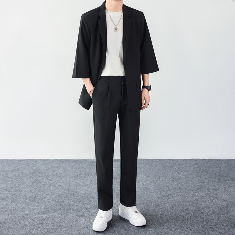西装套装两件套男坠感春夏修身西裤男士休闲裤子韩版西服两件套潮