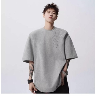 暗纹闪电刺绣t恤男款夏季T恤冰感重磅美式复古短袖高街半截袖ins