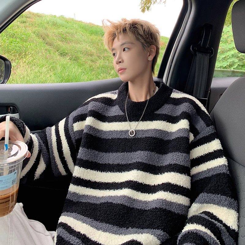 秋冬季撞色条纹毛衣男生加厚保暖宽松慵懒设计美式复古内搭针织衫