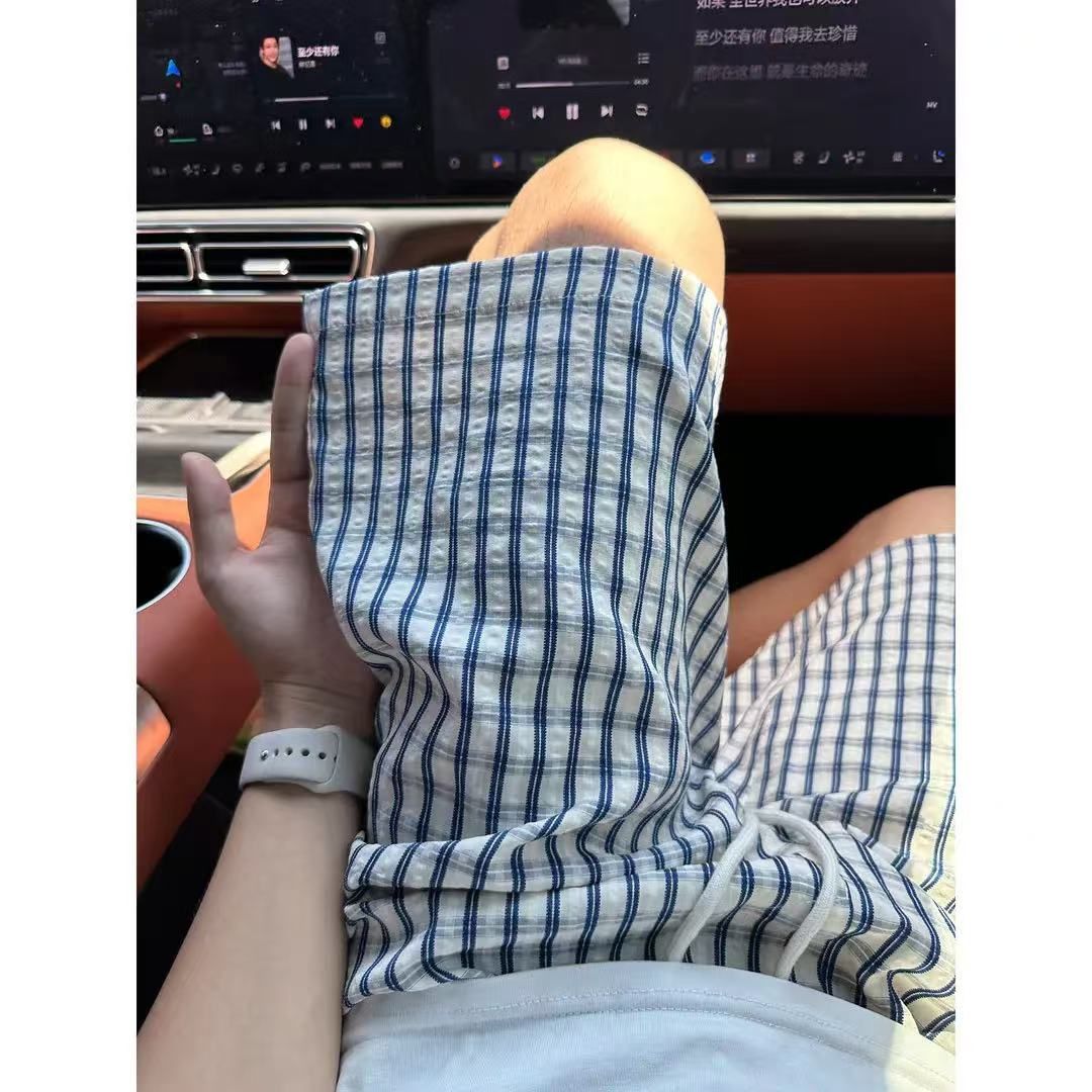 蓝色泡泡纱格子短裤男夏季薄款拼接设计感直筒裤子休闲阔腿五分裤