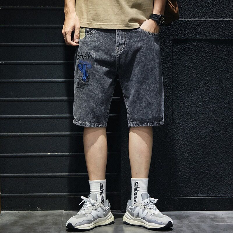 夏季五分裤男士牛仔短裤宽松大码日系潮流拼接中裤潮牌ins5分裤